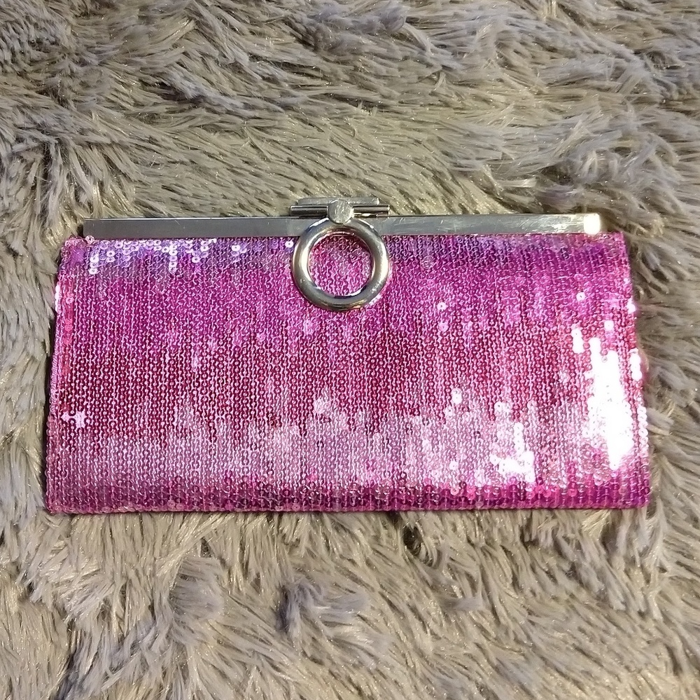 Pink Sequin Silver Clasp Clutch Wallet